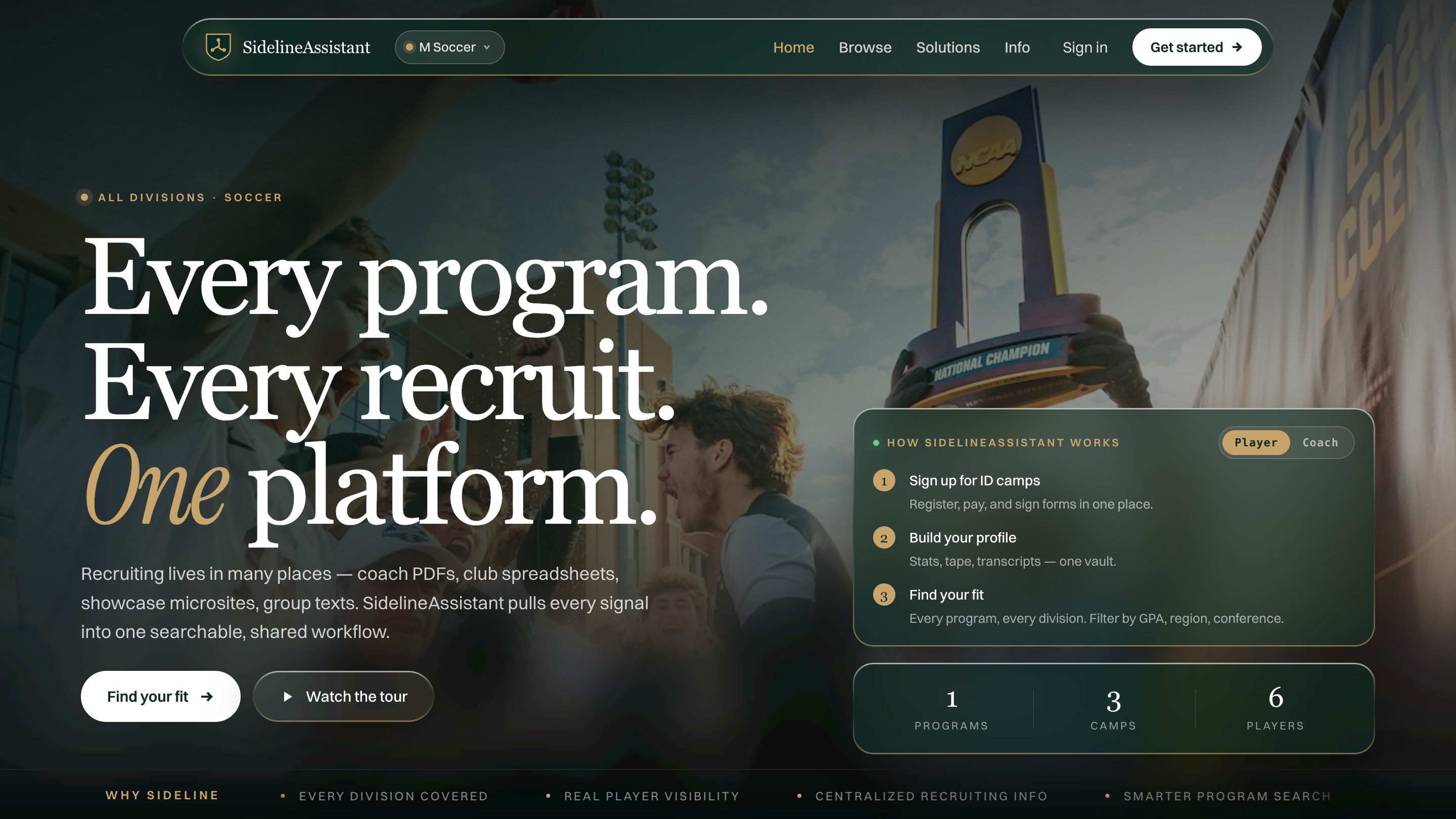 SidelineAssistant home page: search every program, camp, and player in one place
